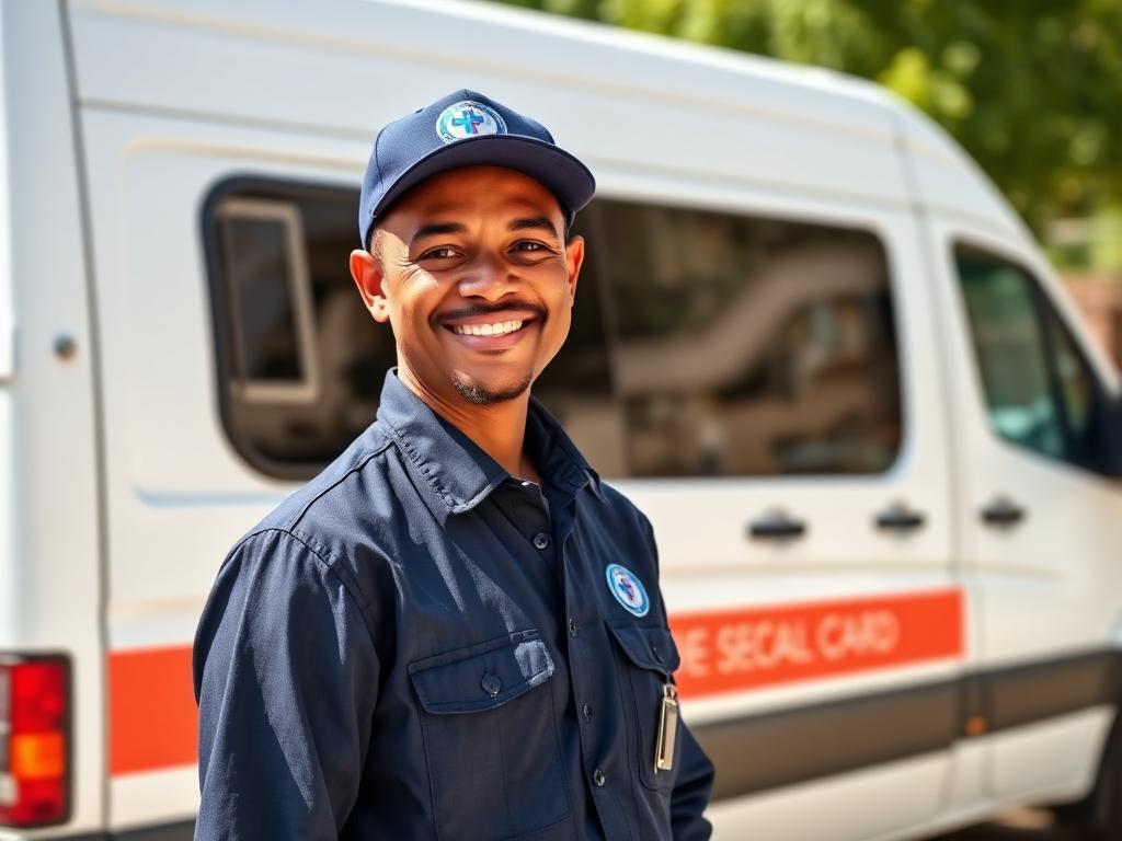 Friendly CareBridge driver in uniform standing beside transport van