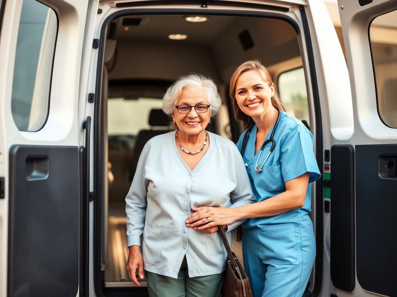 Caring medical transport professional helping an elderly patient into a wheelchair-accessible van